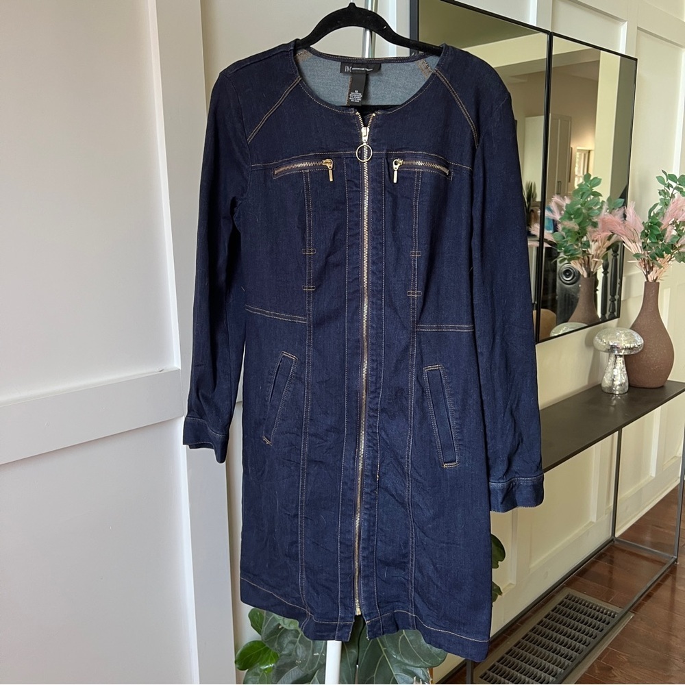 INC International Concepts Dark Wash ZIP-Up Denim Long Sleeve Mini Dress size 10